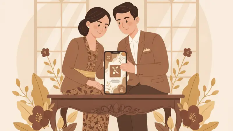 Pasangan pengantin melihat undangan pernikahan online murah di laptop