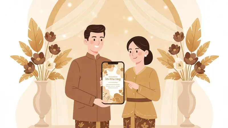 Pasangan bahagia melihat undangan pernikahan unik murah di tablet