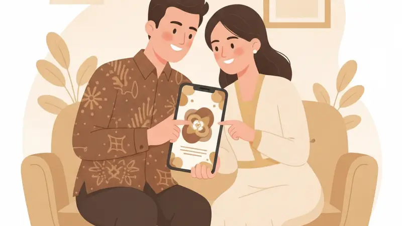 Seorang desainer grafis sedang mengedit undangan pernikahan digital di komputer