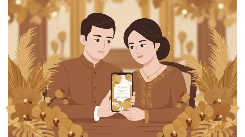 Pasangan bahagia melihat website undangan pernikahan gratis di laptop