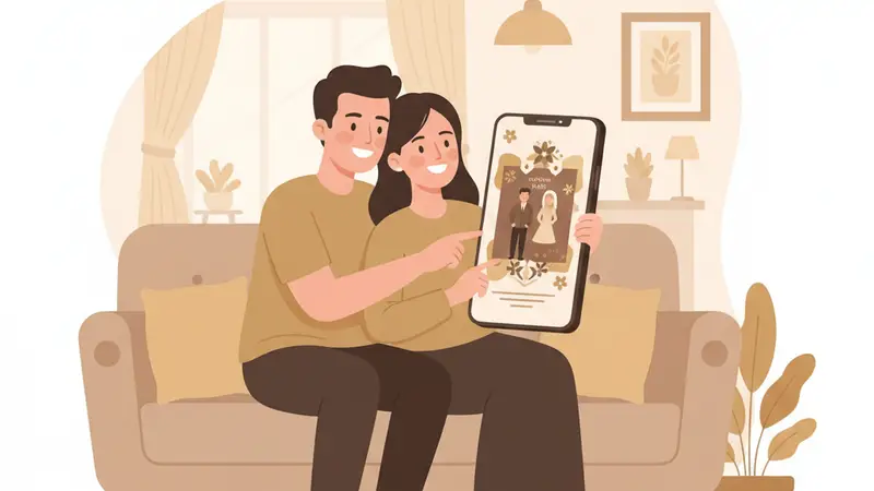 Pengantin baru melihat undangan digital mereka di ponsel