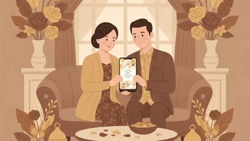 Ilustrasi pasangan pengantin sedang melihat fitur amplop digital undangan di ponsel