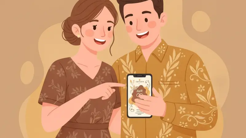 Pengantin sedang melihat laporan sumbangan di tablet, menunjukkan kemudahan penggunaan amplop digital
