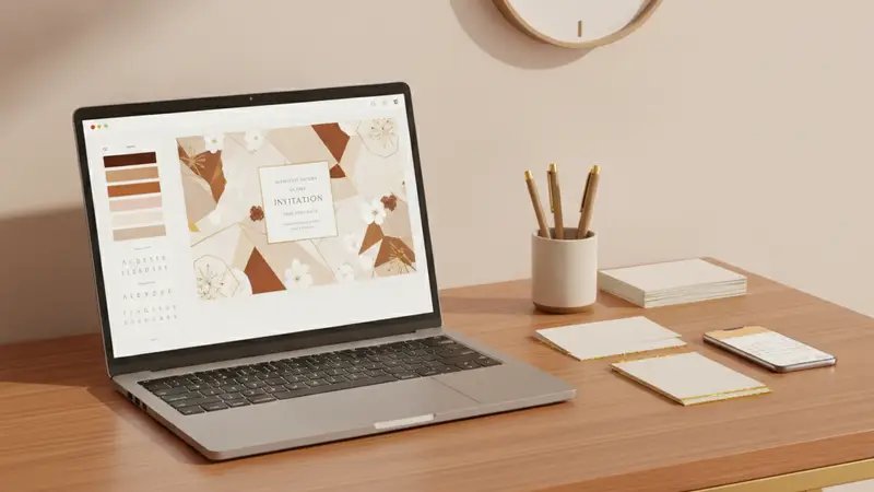 Pasangan pengantin sedang berdiskusi dengan penyedia jasa undangan digital di laptop, membahas fitur amplop digital