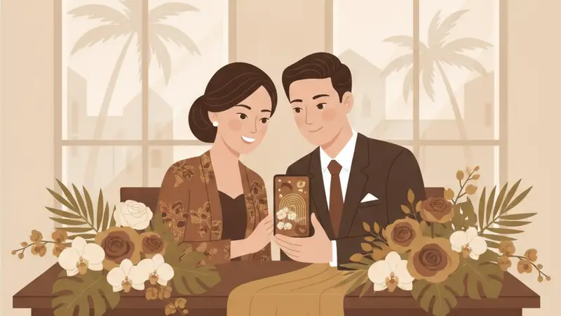 Ilustrasi pasangan sedang melihat aplikasi undangan digital pernikahan di tablet