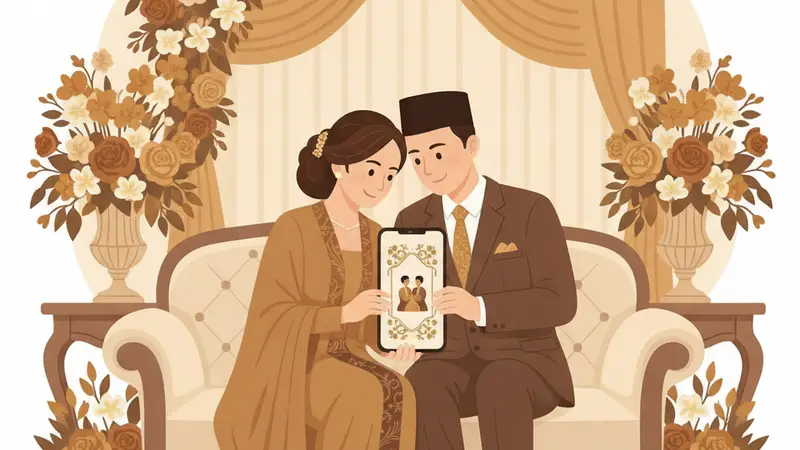 Pasangan melihat aplikasi undangan digital video di smartphone