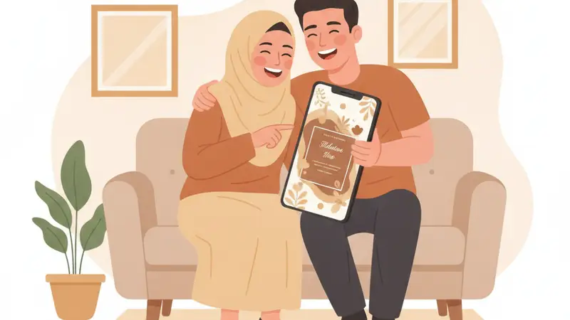 Pengantin baru mengirimkan undangan digital video melalui smartphone