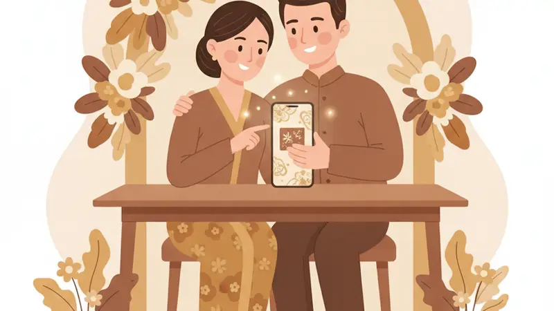 Ilustrasi pasangan sedang melihat kartu undangan online gratis di laptop