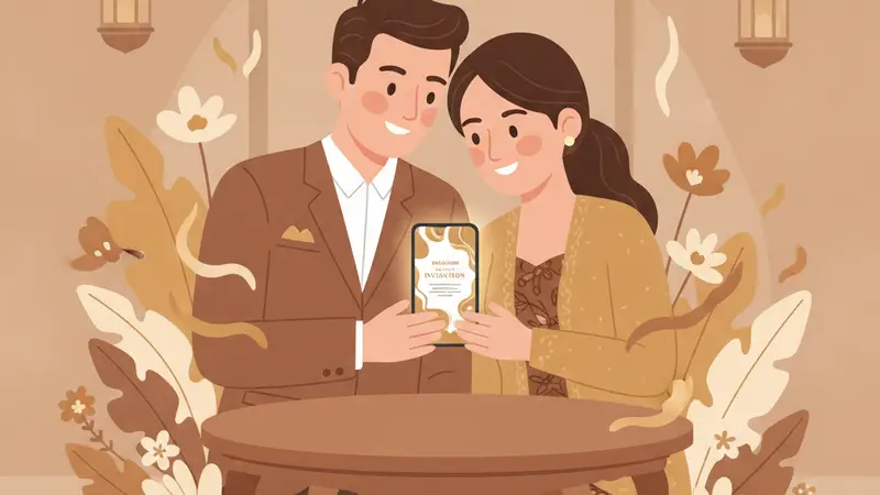 Pasangan berbahagia sedang melihat undangan pernikahan online di laptop