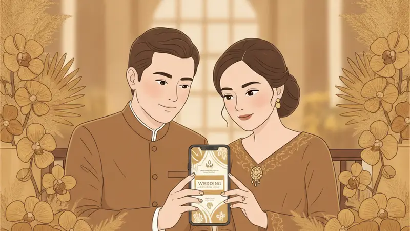 Pasangan sedang membuat undangan web sendiri di laptop