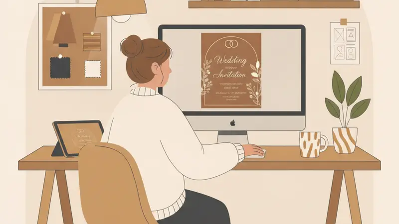 Tangan sedang mendesain layout undangan web di komputer