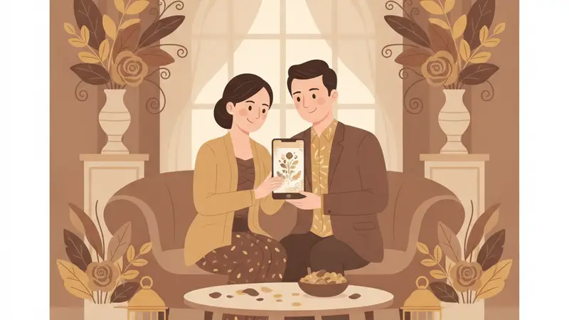 Pasangan sedang melihat undangan pernikahan web di laptop