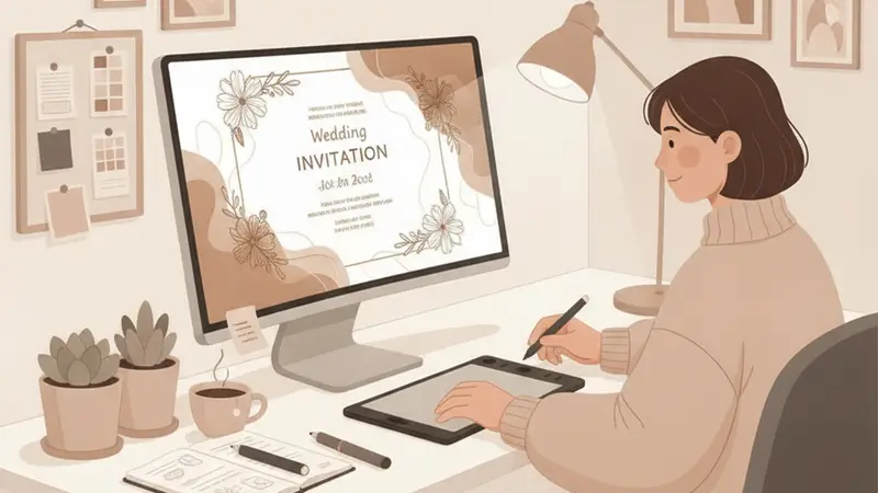 Tangan seseorang sedang mendesain kartu ucapan digital di tablet