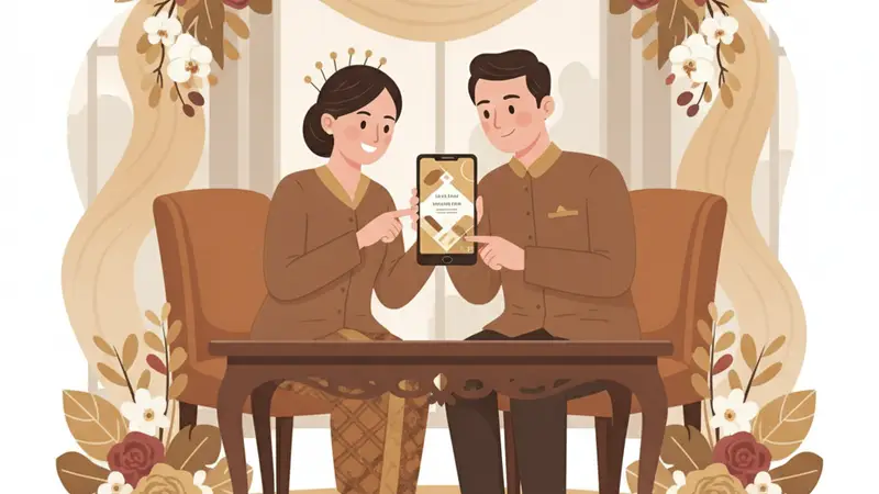 Ilustrasi seseorang sedang membuat undangan digital di laptop dengan berbagai elemen desain