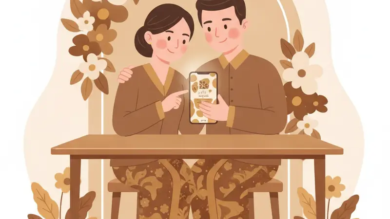 Ilustrasi pasangan sedang melihat undangan online web di laptop
