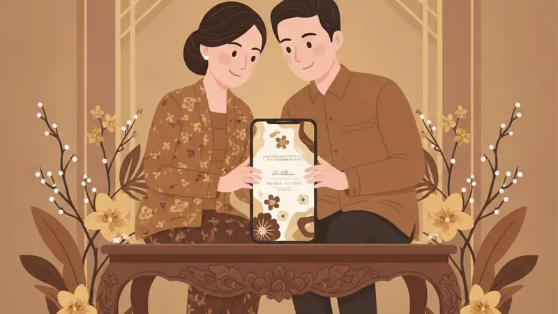 Ilustrasi pasangan sedang merencanakan pernikahan dengan laptop menampilkan undangan pernikahan website