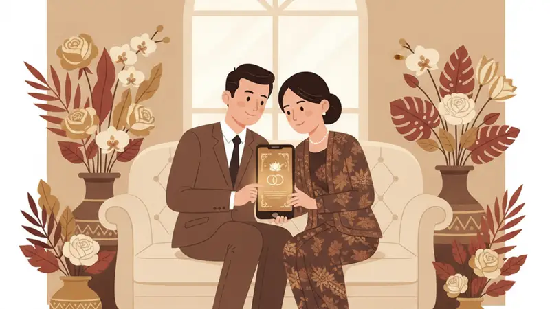 Pasangan sedang melihat web wedding invitation di laptop