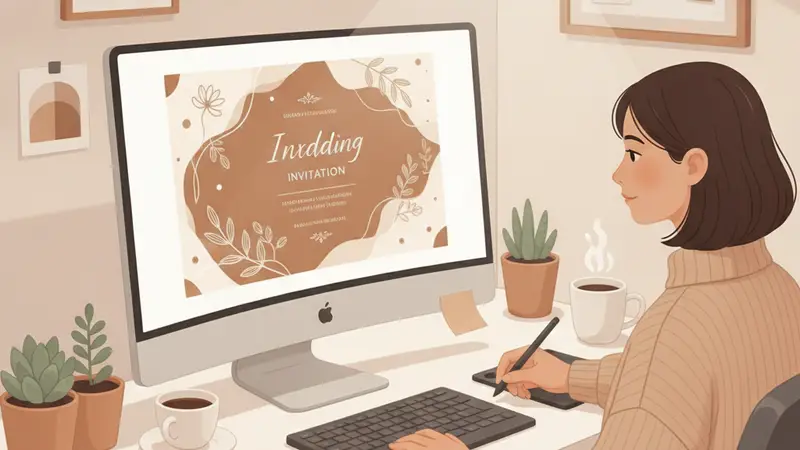 Wanita sedang memilih template undangan digital di laptop