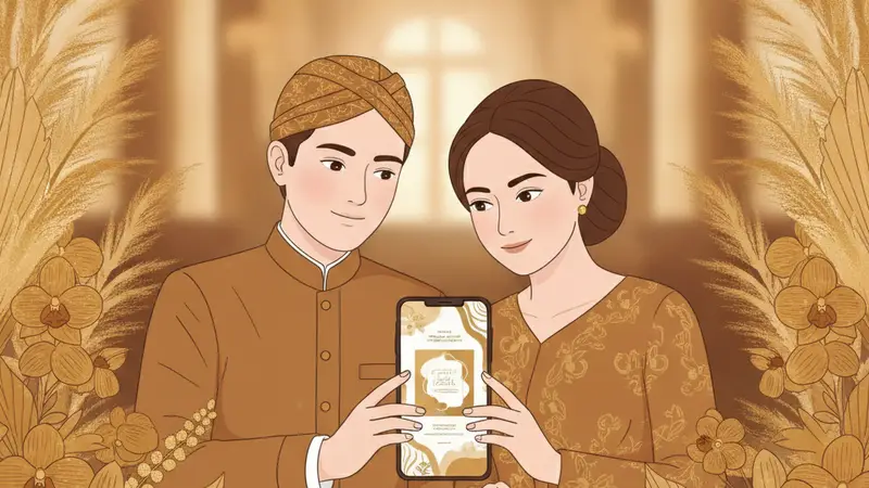 Ilustrasi pasangan sedang melihat undangan digital di tablet
