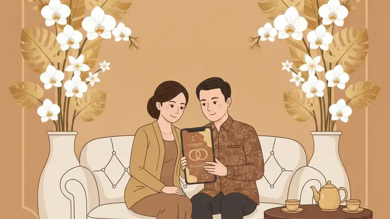 Ilustrasi pasangan sedang melihat undangan digital di laptop
