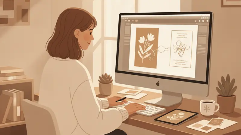Ilustrasi wanita sedang memilih desain undangan digital di tablet
