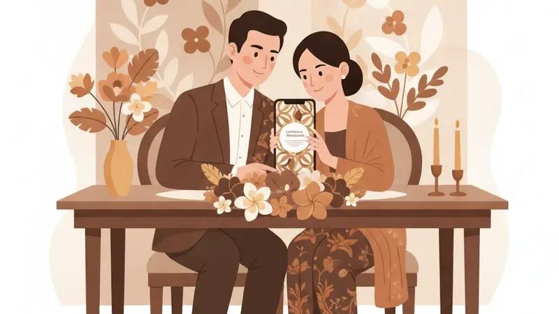 Ilustrasi pasangan sedang melihat e invitation pernikahan di laptop dan smartphone