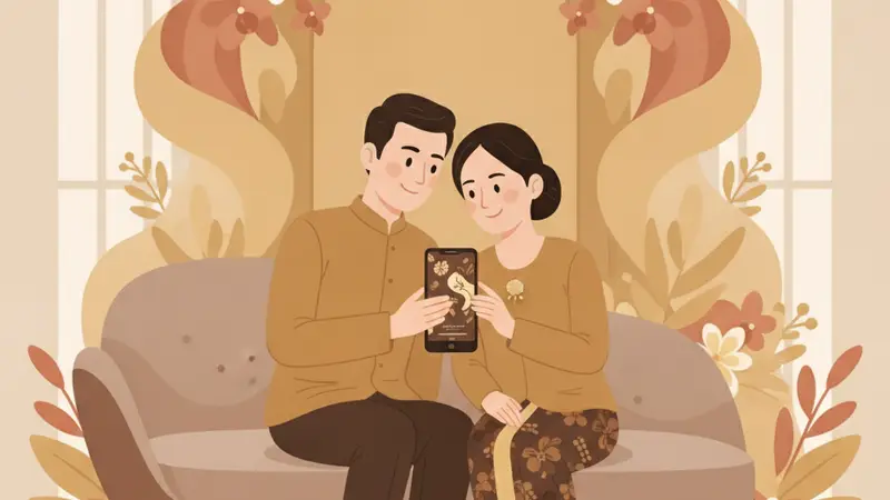 Ilustrasi pasangan membuat e invitation sendiri di laptop