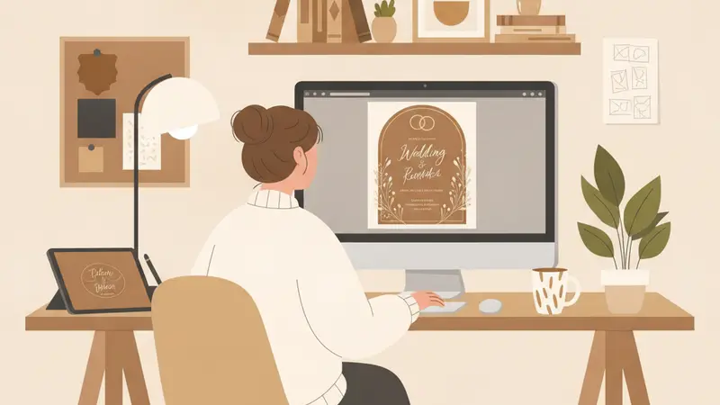 Seorang wanita memilih template undangan digital di laptop
