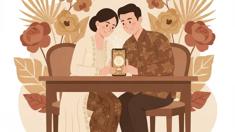 Pasangan pengantin melihat e invitation wedding di tablet