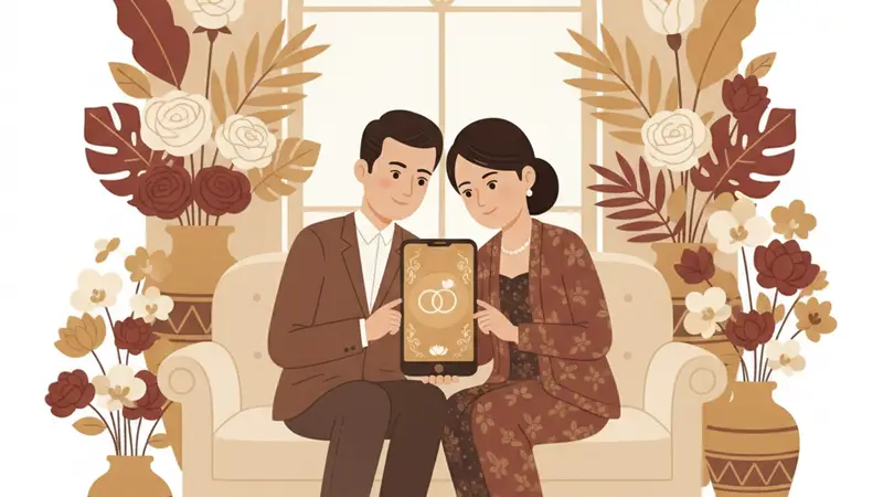 Ilustrasi cara membuat invitation card online dengan laptop dan tablet