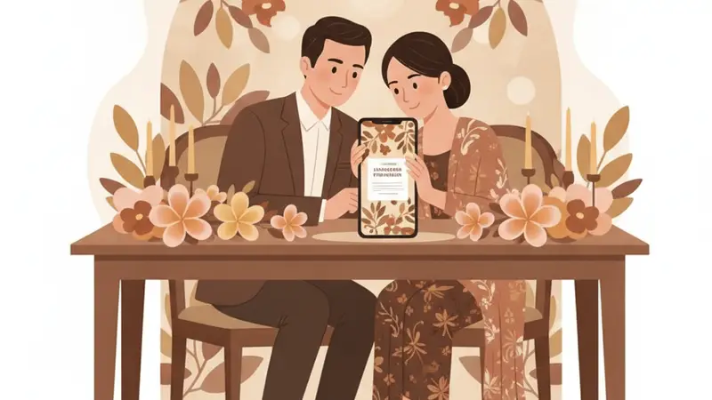 Ilustrasi seseorang sedang membuat kartu ucapan Idul Fitri digital di laptop