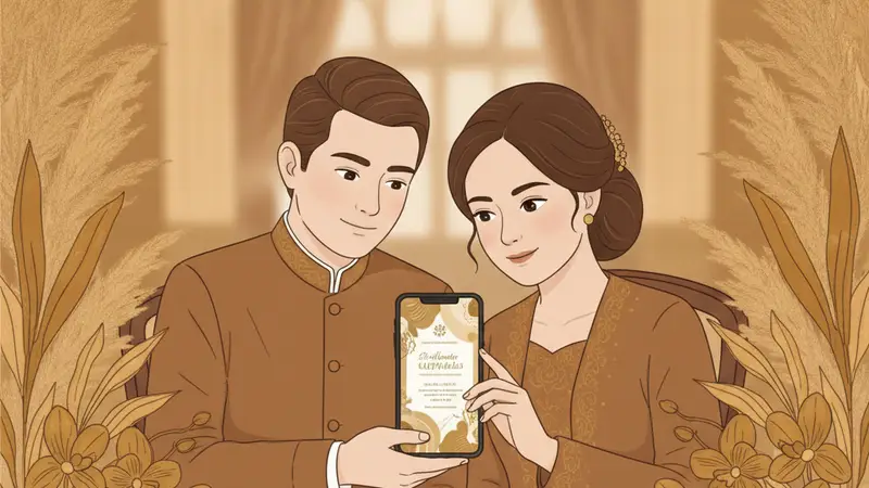 Ilustrasi pasangan sedang membuat kartu undangan digital di laptop