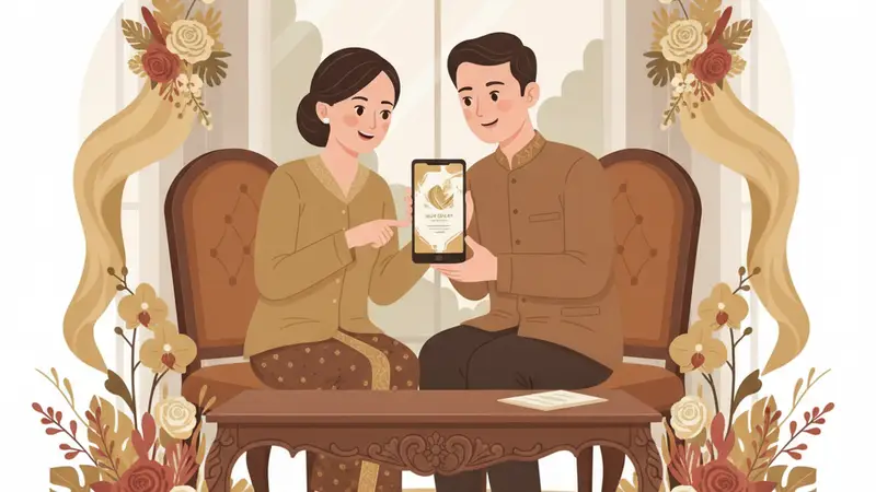 Ilustrasi pasangan sedang melihat kartu undangan pernikahan digital di laptop dan smartphone