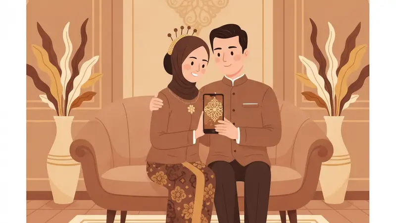 Pasangan sedang merencanakan cara membuat kartu undangan pernikahan online gratis di laptop