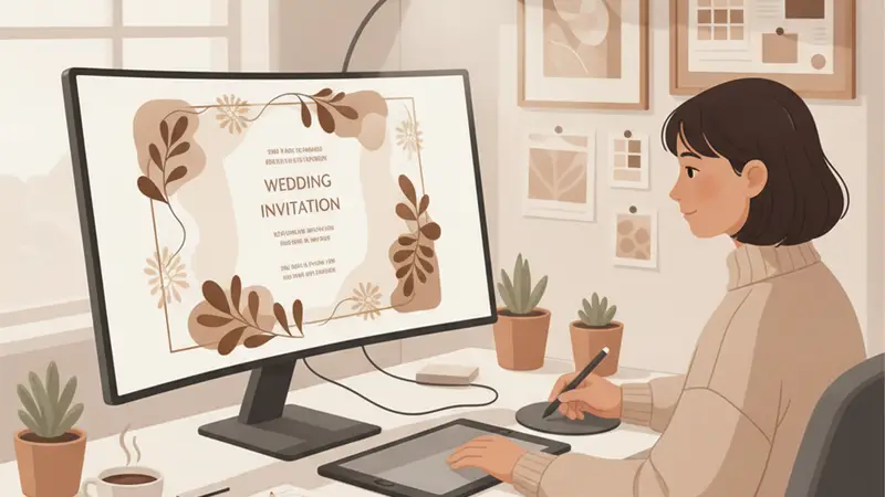 Wanita sedang memilih template untuk cara membuat kartu undangan pernikahan online gratis