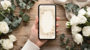Tangan memegang smartphone menampilkan desain kartu undangan pernikahan online elegan