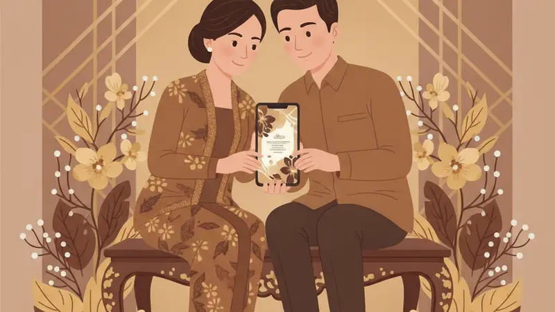 Ilustrasi pasangan sedang melihat undangan pernikahan digital di laptop