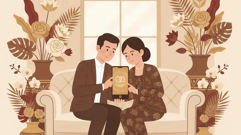 Ilustrasi pasangan sedang melihat undangan acara digital di tablet