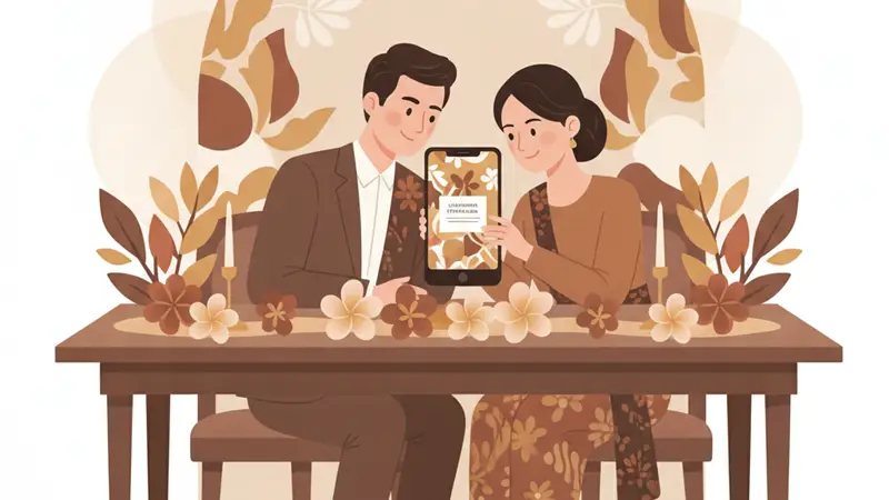 Ilustrasi keluarga bahagia dengan bayi dan undangan aqiqah digital di HP