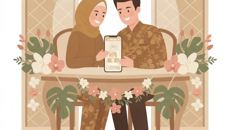 Ilustrasi pasangan pengantin melihat undangan digital bergerak di tablet