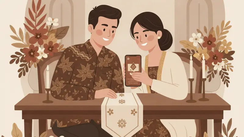 Ilustrasi pasangan sedang membuat undangan digital di laptop dengan aplikasi Canva