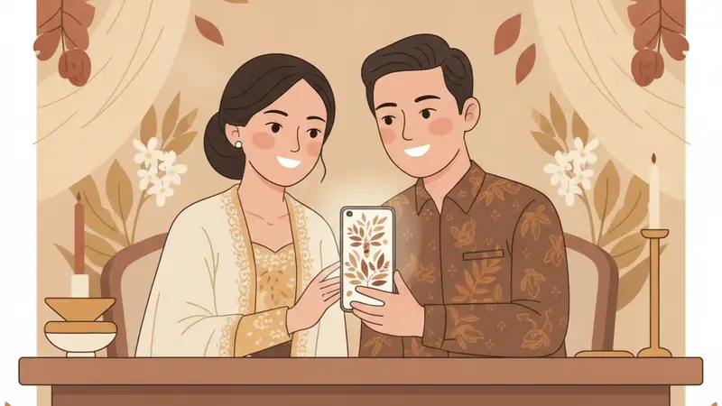 Ilustrasi pasangan sedang membuat undangan digital di laptop