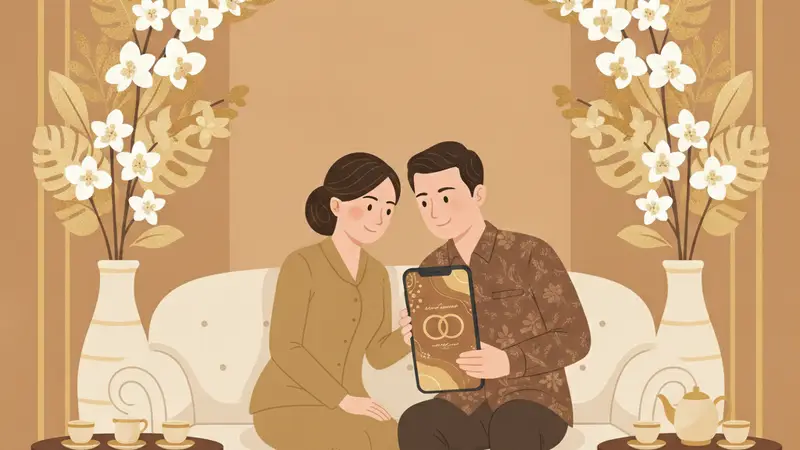 Pasangan sedang melihat undangan digital di laptop