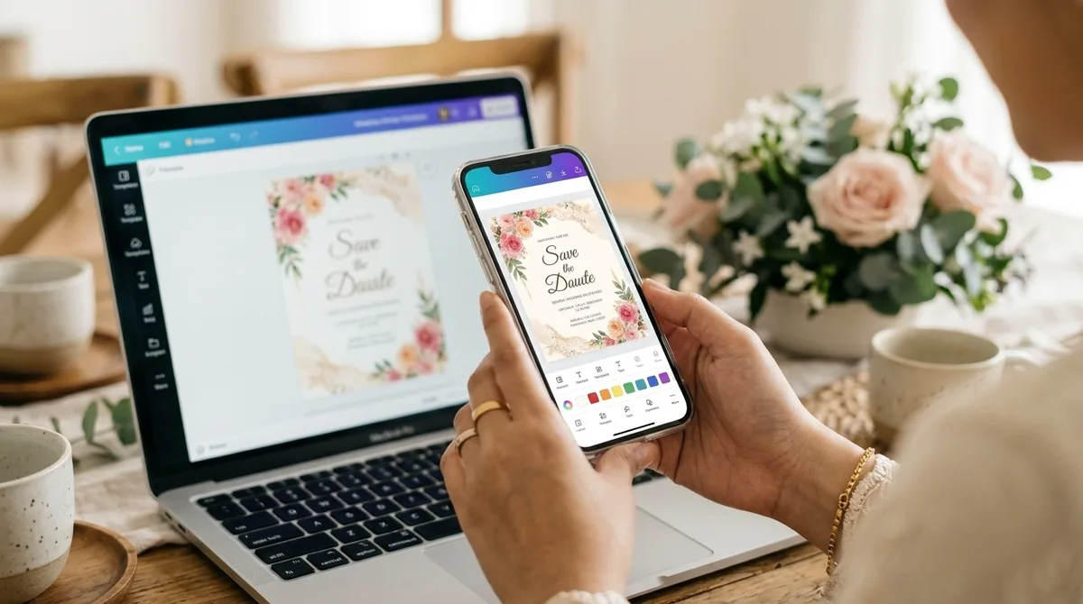 Proses membuat dan mengkustomisasi undangan pernikahan digital di smartphone
