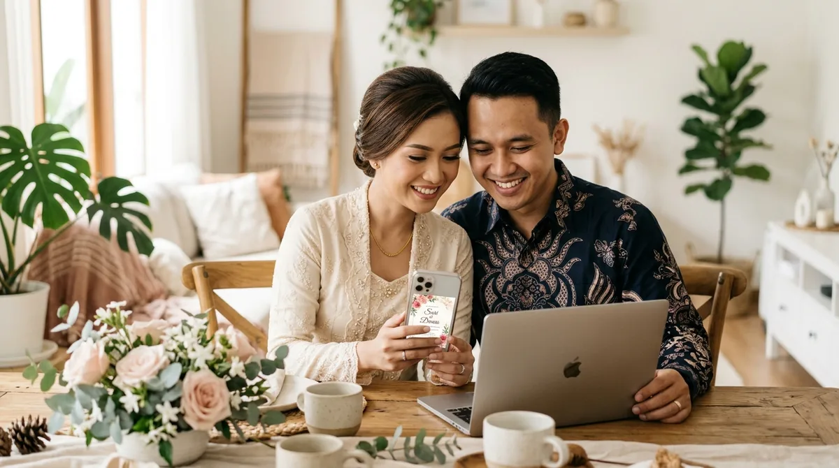Pasangan pengantin Indonesia membuat undangan pernikahan digital di rumah