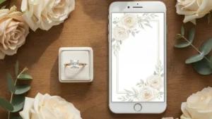 Ilustrasi love story lamaran untuk undangan digital, kotak cincin di atas meja kayu dengan smartphone menampilkan undangan pernikahan digital dan rangkaian bunga