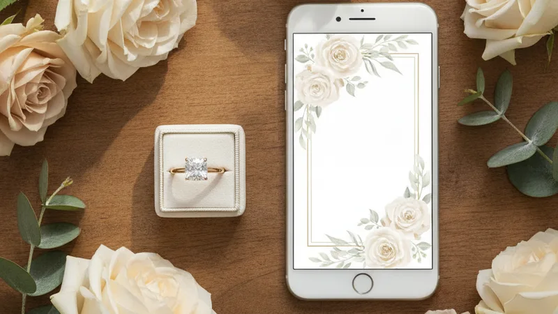 Ilustrasi love story lamaran untuk undangan digital, kotak cincin di atas meja kayu dengan smartphone menampilkan undangan pernikahan digital dan rangkaian bunga