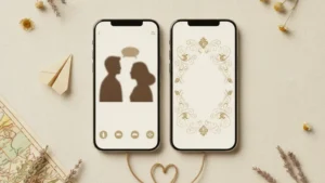 Contoh love story undangan digital LDR, ilustrasi dua smartphone menampilkan video call dan undangan pernikahan digital