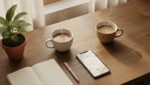 Contoh love story undangan digital teman kerja, dua cangkir kopi di meja kantor dengan undangan digital di layar smartphone