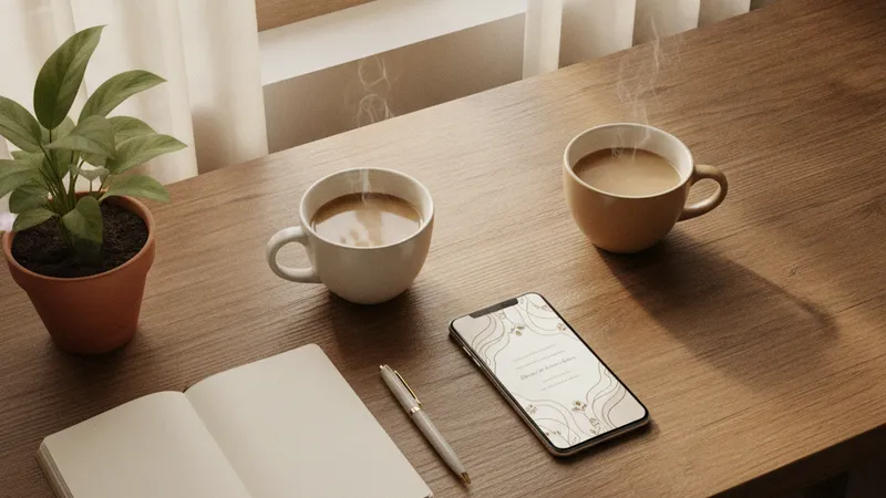 Contoh love story undangan digital teman kerja, dua cangkir kopi di meja kantor dengan undangan digital di layar smartphone
